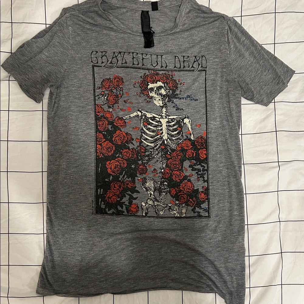 Topshop Women's Grateful Dead Gray and Red Skeleton Graphic Tee
